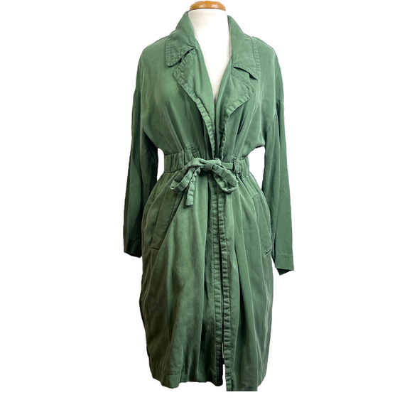 Zara Olive Green Light Weight Trench Coat Duster Jacket Belted Waist Tied - Picture 1 of 15